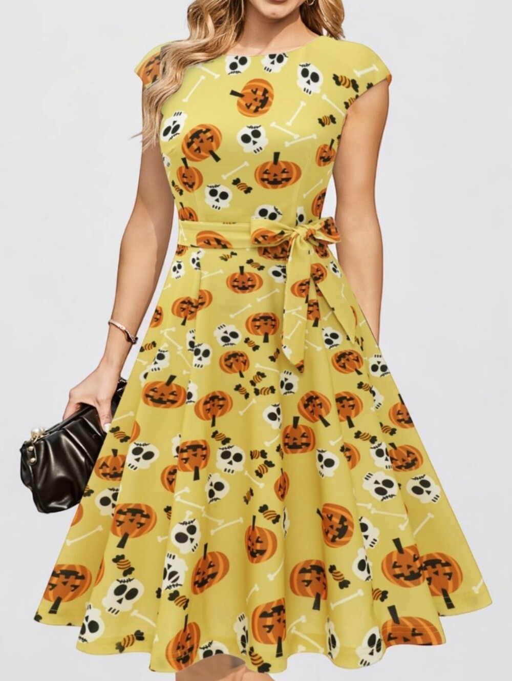 Dress Tells Halloween Pumpkin Skull Fit & Flare Midi Dress M